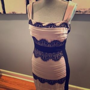 Pink and black lace body con evening dress